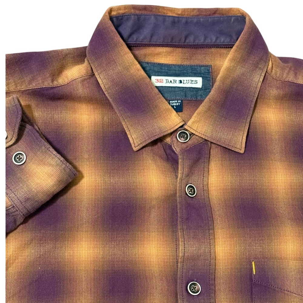 32‎ Bar Blues Mens Large Plaid Button Up Shirt Long Sleeve Purple Orange